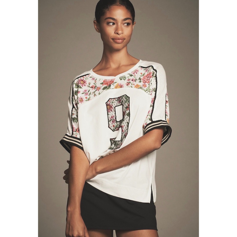 Daily Practice Anthropologie Line Call Floral Mesh Jersey Top Game Day Large NEW